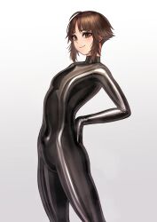 Rule 34 | 1boy, absurdres, ahoge, black bodysuit, bodysuit, brown eyes, brown hair, gradient background, grey background, hands on own hips, highres, kilye kairi, latex, latex bodysuit, leaning back, looking at viewer, male focus, original, shiny clothes, skin tight, smile, solo