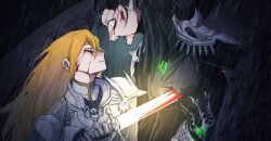 1boy 1girl armor black_hair black_wings bleeding blonde_hair blood blood_from_mouth blood_on_face constricted_pupils dragon_girl dragon_horns fangs feathered_wings highres holding holding_sword holding_weapon horns impaled injury knight knight_of_the_dawn_(twisted_wonderland) long_hair meleanor_draconia pauldrons pointy_ears reeeeehannnnnn shoulder_armor sword twisted_wonderland upper_body weapon wings