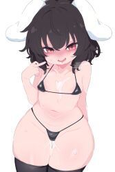 1girl animal_ears bikini black_bikini black_hair black_thighhighs blush breasts cameltoe commentary cowboy_shot cum cum_on_body cum_on_breasts cum_on_legs cum_on_upper_body floppy_ears highres inaba_tewi kukuchi581 kyojiri_loli loli looking_at_viewer micro_bikini open_mouth pink_eyes rabbit_ears rabbit_girl saliva short_hair simple_background small_breasts smile solo swimsuit thigh_gap thighhighs touhou white_background