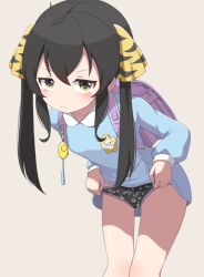 1girl :s absurdres ahoge animal_print backpack bag black_hair black_panties blue_shirt blush breasts closed_mouth clothes_lift commentary commission cowboy_shot crime_prevention_buzzer grey_background hair_between_eyes hair_ribbon highres idolmaster idolmaster_cinderella_girls idolmaster_cinderella_girls_u149 kindergarten_uniform leopard_print loli long_hair long_sleeves looking_at_viewer matoba_risa mooramango name_tag panties pixiv_commission purple_bag randoseru ribbon shirt shirt_lift simple_background small_breasts solo standing twintails underwear yellow_eyes