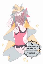 1girl arm_up bare_arms bow_hairband brown_hair frills from_behind gen_3_pokemon hairband highres jirachi legendary_pokemon may_(pokemon) mythical_pokemon nintendo on_head pokemon pokemon_(creature) pokemon_on_head pokemon_oras ponytail r.aka. red_shirt shirt short_ponytail shorts sleeveless sleeveless_shirt star_(symbol) white_background white_shorts
