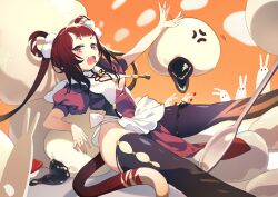 1girl absurdres afterimage anger_vein apron arm_up black_thighhighs blunt_bangs blush breasts brown_hair cat_girl cat_tail cleavage_cutout clothing_cutout cloud dress dripping fang female_focus floating floating_object food food_on_clothes food_on_face gradient_sky hair_ornament hair_rings headpat heart heart-shaped_pupils highres in_food leaning_back long_hair motion_lines nana_ann no_bra open_mouth orange_sky original outdoors outstretched_arm oversized_food oversized_object pelvic_curtain pom_pom_(clothes) pom_pom_hair_ornament puffy_short_sleeves puffy_sleeves purple_dress rabbit ringed_eyes short_sleeves sidelocks sitting skin_fang sky small_breasts solo spread_legs symbol-shaped_pupils tail tang_yuan thighhighs thighs twintails waist_apron white_apron yellow_eyes