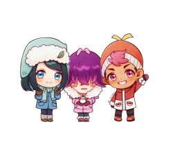 1boy 2girls alynn610 black_hair blue_eyes blue_hair blue_hat blue_jacket blush blush_stickers brown_hair captain_pikachu character_snowman chibi chibi_only closed_mouth colored_inner_hair commentary dark-skinned_male dark_skin dot_(pokemon) gen_1_pokemon gloves hair_over_eyes hat highres holding_snowman jacket liko_(pokemon) looking_at_viewer mittens multicolored_hair multiple_girls nintendo open_mouth orange_hat pikachu pink_eyes pink_hair pink_jacket pokemon pokemon_(anime) pokemon_horizons purple_hair red_jacket roy_(pokemon) scarf short_hair smile snowman symbol-only_commentary teeth twitter_username two-tone_hair white_background white_jacket