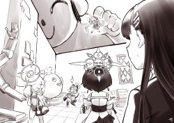 Rule 34 | 1boy, 5girls, animal ear headphones, animal ears, backless swimsuit, bag, bare arms, bare shoulders, blue archive, demon horns, detached sleeves, doodle sensei (blue archive), fake animal ears, flying sweatdrops, gameplay mechanics, giant, greyscale, hair ornament, hairclip, halo, headphones, highres, horns, jacket, junko (blue archive), long sleeves, momoi (blue archive), monochrome, multiple girls, niya (blue archive), obi, one-piece swimsuit, peroro (blue archive), plaid clothes, plaid skirt, pleated skirt, ponytail, rio (blue archive), sailor collar, sash, sensei (blue archive), shimotsuki eight, shiroko (blue archive), shiroko (swimsuit) (blue archive), shoes, sidelocks, signature, skirt, swimsuit, tail, thighhighs, tile floor, tiles, twintails, window, wolf ears