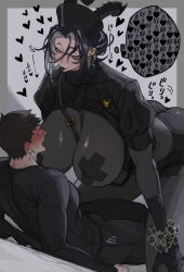 Rule 34 | 10den, 1boy, 1girl, absurdres, between breasts, black hair, black horns, black tongue, blush, bodystocking, breasts, earrings, forked tongue, grey hair, hat, highres, horns, huge breasts, jewelry, multicolored hair, nurse cap, original, purple eyes, short hair, slit pupils, snake earrings, strap, tongue, two-tone hair