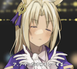 1girl animal_ears ascot blonde_hair blowing_kiss blush closed_eyes genderswap genderswap_(mtf) gloves highres horse_ears horse_girl medium_hair original purple_shirt shirt sweatdrop umamusume umapyoi_densetsu white_gloves yu&#039;nyanko-chan_(yu&#039;nyanko) yunekoko