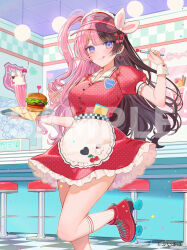 Rule 34 | 1girl, apron, black hair, burger, closed mouth, cup, curly hair, dress, food, ice cream cup, indoors, kneehighs, long hair, looking at viewer, miyako (xxxbibit), multicolored hair, name tag, official art, pink hair, red dress, ribbed socks, sample watermark, short sleeves, smile, socks, solo, standing, standing on one leg, tachibana hinano, tongue, tongue out, two-tone hair, very long hair, virtual youtuber, visor cap, vspo!, watermark, white apron, white socks