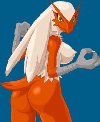 1girl ass blaziken breasts female_focus gen_3_pokemon large_breasts lowres nintendo nipples pixel_art pokemon pokemon_(creature) simple_background solo warner