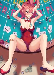1girl absurdres animal_ear_hairband animal_ears armpits arms_up averting_eyes bandaid bandaid_on_foot bandaid_on_knee bandaid_on_leg bandaids_on_nipples bare_shoulders black_halo blue_archive blush braid breasts cameltoe detached_collar earrings fake_animal_ears fang hair_between_eyes hairband halo highres jewelry kitten_heels leotard loli looking_to_the_side mole mole_under_eye neru_(blue_archive) neru_(bunny)_(blue_archive) official_alternate_costume on_table orange_hair oversized_breast_cup pasties playboy_bunny poker_chip rabbit_ear_hairband rabbit_ears red_eyes red_leotard red_shoes shoe_dangle shoes short_hair single_braid small_breasts spread_legs strapless strapless_leotard suzume_b sweatdrop table
