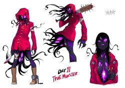 1girl bandages baseball_bat black_hair black_skin blood bloody_bandages bloody_weapon boots brown_footwear chain coat colored_skin commentary eldritch_abomination english_commentary english_text extra_eyes glowing glowing_eyes glowing_mouth highres holding holding_baseball_bat holding_knife hood hood_down hooded_coat knee_boots knife long_hair monster monster_girl multicolored_skin multiple_views nail nail_(hardware) nail_bat nut_(hardware) original purple_skin red_coat ryuusei_(mark_ii) simple_background weapon white_background