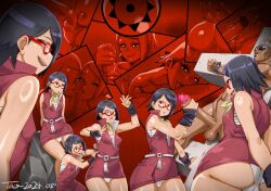 1boy 1girl 2024 ass black_eyes black_hair boruto:_naruto_next_generations breasts censored covered_erect_nipples dark-skinned_male dark_skin glasses handjob hetero konakona medium_breasts mosaic_censoring naruto_(series) panties penis pussy red_eyes sex short_hair smile text_focus uchiha_sarada underwear
