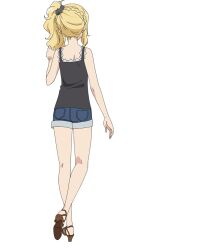 Rule 34 | 1girl, anime coloring, arm up, back, bare shoulders, black camisole, black scrunchie, blonde hair, camisole, denim, denim panties, frilled camisole, frills, from behind, full body, hair ornament, hair scrunchie, hand in own hair, long hair, official art, sandals, scrunchie, seishun buta yarou, short shorts, shorts, side ponytail, simple background, solo, standing, standing on one leg, tamura satomi, thighs, toyohama nodoka, transparent background