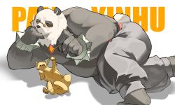 1boy 1other animal_ears bara belly black_fur black_pants black_tank_top blush bnarefoot bracelet cat cat_ears cat_nose cat_tail character_name chyofurbug claws closed_eyes fat furry furry_male hashtag-only_commentary highres holding_wheat jewelry looking_at_another multicolored_fur orange_fur pan_yinhu panda_boy panda_ears panda_tail pants plump round_eyewear spiked_bracelet spikes sweatdrop tail tank_top white_background white_fur zenless_zone_zero