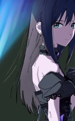 1girl black_choker black_dress black_gloves black_hair bloom_into_me15 breasts choker closed_mouth detached_sleeves dress earrings frilled_choker frills gloves green_eyes hand_up highres idolmaster idolmaster_cinderella_girls jewelry long_hair looking_at_viewer looking_back puffy_detached_sleeves puffy_sleeves shibuya_rin solo upper_body