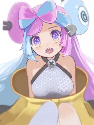 Rule 34 | @ @, bow-shaped hair, character hair ornament, hair ornament, hexagon print, highres, iono (pokemon), jacket, multicolored hair, nintendo, oversized clothes, pokemon, pokemon sv, ringosan2329, sharp teeth, split-color hair, teeth, x, yellow jacket