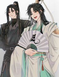 Rule 34 | 1boy, 1girl, :d, arm behind back, arms behind back, belt, black eyes, black hair, black hanfu, blue eyes, chinese clothes, chinese text, commentary, english commentary, hair ornament, hand fan, hanfu, he xuan, high ponytail, highres, holding, holding fan, long hair, looking at another, open mouth, ponytail, rorynans, serious, shi qingxuan, sidelocks, smile, swept bangs, tianguan cifu, translation request, white hanfu