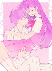 Rule 34 | 1boy, 1girl, :d, ankle socks, antenna hair, black eyes, blush, border, carrying, closed eyes, closed mouth, collarbone, collared shirt, double-parted bangs, face-to-face, facing another, feet out of frame, fingernails, floral background, flower, forehead-to-forehead, hair behind ear, hair between eyes, hand on another&#039;s head, hand on another&#039;s shoulder, heads together, hero (headspace) (omori), hero (omori), highres, knee up, long hair, long sleeves, looking at another, mari (headspace) (omori), mari (omori), medium skirt, neckerchief, omori, open mouth, outside border, pants, pink background, pink skirt, pleated skirt, princess carry, profile, purple hair, purple sweater vest, red neckerchief, shirt, short hair, short sleeves, simple background, sitting, skirt, smile, socks, sparkle, striped clothes, striped pants, striped shirt, sweater vest, tulip, twitter username, u u, vertical-striped clothes, vertical-striped pants, vertical-striped shirt, white border, white pants, white shirt, white socks, yohmeii