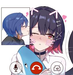 2girls absurdres belle_(zenless_zone_zero) black_choker black_hair blue_hair choker collared_shirt colored_inner_hair earrings ellen_joe ellen_joe_(on_campus) fins fish_tail heart highres holding holding_stuffed_toy jewelry kiss mole mole_under_eye multicolored_hair multiple_girls one_eye_closed orange_eyes razor_blade_hair_ornament shark_tail shirt short_hair stuffed_animal stuffed_toy tail upper_body white_shirt yuri zenless_zone_zero zysora