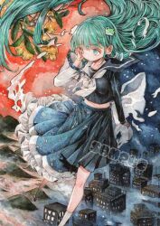 Rule 34 | 1girl, bare shoulders, black sailor collar, black shirt, black skirt, blue skirt, cityscape, collared shirt, detached sleeves, dual persona, food, frog hair ornament, fruit, green eyes, green hair, hair ornament, hair tubes, highres, kochiya sanae, leaf, long hair, long sleeves, looking to the side, midriff, monji (monzi328), navel, neckerchief, patterned clothing, petticoat, print skirt, sailor collar, sample watermark, school uniform, shirt, single hair tube, single sidelock, skirt, skirt set, sleeveless, sleeveless shirt, snake hair ornament, socks, solo, touhou, traditional media, two-tone background, very long hair, watermark, white neckerchief, white socks, wide sleeves