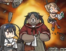 2girls animalization bear black_hair black_legwear bottle brown_eyes brown_hair cannon cleaning commentary_request dated explosion flying_sweatdrops gloves hair_ribbon hamu_koutarou hatsushimo_(kancolle) headband headgear kantai_collection long_hair low-tied_long_hair machinery midriff mikuma_(kancolle) miniskirt multiple_girls mutsu_(kancolle) neckerchief open_mouth pleated_skirt radio_antenna red_legwear remodel_(kantai_collection) ribbon school_uniform serafuku short_hair skirt smile solid_circle_eyes spray_bottle towel twintails white_gloves wiping
