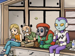 1girl 2boys alien bag barefoot blonde_hair bracelet bug butterfly cat centipede cheese crossed_legs dated eating facial_hair flip-flops fly food ginga_patrol_jaco glass gloves indian_style insect jaco_(ginga_patrol_jaco) jewelry karasuma_raul karasuma_rauru milk milk_carton mouse_(animal) multiple_boys mustache old old_man omori_tokunoshin oomori_tokunoshin paper_bag plate polo_shirt robot sandals scar scar_across_eye scar_on_face seiza signature sitting tank_top tights_(dragon_ball) tori-bot toriyama_akira_(character) veranda vest white_gloves white_hair