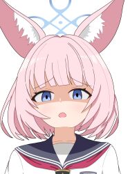 1girl animal_ear_fluff animal_ears blue_archive blue_eyes blue_halo blush bob_cut close-up fox_ears fox_girl halo highres long_sleeves looking_at_viewer looking_down neckerchief niko_(blue_archive) open_mouth pink_hair red_neckerchief rioreus3993 sailor_collar school_uniform serafuku shirt short_hair solo white_background