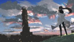 1girl absurdres baseball_cap black_hair blue_archive blue_sky cloud coat commentary_request facing_away grass halo hat highres kani_etizen03 long_hair saori_(blue_archive) scenery sky skyline tower white_coat