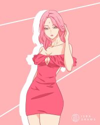 Rule 34 | 1girl, backless dress, backless outfit, breasts, chain, chain necklace, cleavage, cleavage cutout, clothing cutout, cocktail dress, dress, earrings, facial mark, forehead mark, green eyes, hand in own hair, haruno sakura, highres, hoop earrings, instagram username, isra draws, jewelry, long hair, looking at viewer, medium breasts, naruto (series), naruto shippuuden, necklace, off-shoulder dress, off shoulder, pink hair, red dress, solo