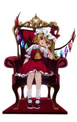 1girl armchair ascot blonde_hair bow brooch chair collared_dress crystal_wings dress fangs flandre_scarlet frilled_dress frills gem hand_on_own_cheek hand_on_own_face hat highres jewelry looking_at_viewer mob_cap open_mouth puffy_short_sleeves puffy_sleeves red_bow red_brooch red_eyes red_gemstone red_shoes shoes short_sleeves side_ponytail sitting socks solo touhou vampire white_background white_socks yellow_ascot yuineko