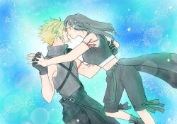 1boy 1girl apron arm_ribbon bare_shoulders black_apron black_gloves black_hair black_shorts black_vest blonde_hair blue_eyes breasts cloud_strife couple crop_top feet_out_of_frame final_fantasy final_fantasy_vii final_fantasy_vii_advent_children from_side gloves hand_on_another&#039;s_back highres holding_hands interlocked_fingers large_breasts long_hair looking_at_another midriff profile red_eyes red_ribbon ribbon shorts siqishisan spiked_hair star_(symbol) tank_top tears tifa_lockhart vest waist_apron white_tank_top