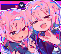 2boys :d @_@ absurdres arm_around_shoulder artist_logo artist_name black_eyes black_hair black_hoodie black_jacket black_nails black_shirt blue_eyes blush collar fang hair_between_eyes heart heterochromia highres hood hood_down hoodie jacket logo long_sleeves looking_at_viewer male_focus multicolored_hair multicolored_nails multiple_boys multiple_persona nail_polish open_clothes open_jacket open_mouth original outline pink_background pink_eyes pink_hair purple_shirt red_nails sharp_teeth shirt short_hair smile speech_bubble spoken_heart sweat sweatdrop teeth uenomigi v white_hoodie white_jacket white_outline