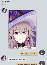 1girl bare_shoulders black_choker black_hat choker grey_hair hat herta_(honkai:_star_rail) highres honkai:_star_rail honkai_(series) long_hair looking_at_viewer namelesswolf portrait profanity profile_picture purple_eyes ruan_mei_(honkai:_star_rail) smile the_herta_(honkai:_star_rail) witch_hat