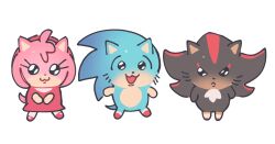 1girl 2boys :3 amy_rose animal_ears black_fur blue_fur chibi chibi_only chibikemo chiikawa commentary english_commentary furry furry_female furry_male hedgehog_boy hedgehog_girl highres multiple_boys parody pink_fur pleading_eyes refresqito shadow_the_hedgehog simple_background sonic_(series) sonic_the_hedgehog style_parody white_background
