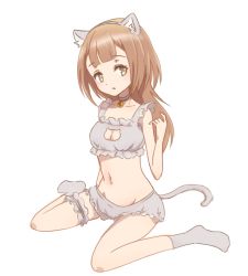 Rule 34 | 1girl, animal ears, beatrice (princess principal), blush, breasts, brown eyes, brown hair, cat ears, cat tail, cleavage, fake animal ears, female focus, groin, neck bell, princess principal, simple background, sitting, small breasts, solo, tail, underwear, underwear only, waon (waon oekk), white background