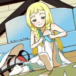 1girl absurdres adjusting_sock bag blonde_hair braid closed_mouth commentary_request couch dress duffel_bag green_eyes half-closed_eyes hat highres hiyokko2min indoors knee_up knees lillie_(pokemon) long_hair looking_down nintendo pokemon pokemon_sm sitting sleeveless sleeveless_dress smile socks solo sun_hat twin_braids unworn_bag unworn_hat unworn_headwear white_dress white_hat white_socks