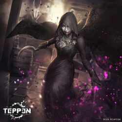 1girl barrel blood blood_on_face blood_on_mouth breasts bug capcom cape cassandra_dimitrescu cleavage cloak curvy dress fly gloves highres hood horns insect jewelry licking_lips looking_at_viewer medium_breasts monster monster_girl necklace official_art pale_skin peperon_(peperou) resident_evil resident_evil_village sickle skull support_beam teppen tongue tongue_out weapon yellow_eyes