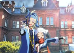 1boy 1girl adaman_(pokemon) akari_(pokemon) ako_(rawhji0rdbsmzf7) arm_wrap black_hair blonde_hair blue_coat blue_hair closed_eyes coat collar collarbone earrings eyebrow_cut eyelashes galaxy_expedition_team_survey_corps_uniform green_hair headscarf jacket jewelry long_hair multicolored_hair neck_ring nintendo open_mouth pokemon pokemon_legends:_arceus ponytail red_scarf sash scarf shirt sidelocks smile upper_body white_headscarf