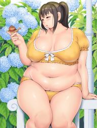 1girl bikini black_hair breasts breasts_apart cowboy_shot facing_viewer fat fat_woman flower high_ponytail highres hydrangea itou_yukino large_breasts midriff on_railing orizen plump ponytail railing real_drive short_sleeves sitting snail solo swimsuit thighs