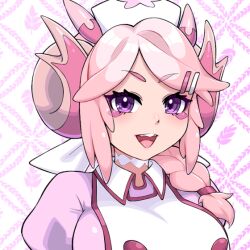 1girl breasts dragon_girl dragon_horns dress hat horns large_breasts medium_hair nurse nurse_cap nurse_dragonmaid pink_dress pink_hair purple_eyes simple_background solo white_background yata_masahara yu-gi-oh!
