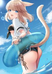 1girl animal_ears bikini black_bikini blue_eyes blue_nails bracelet brown_hair cat_ears cat_girl cat_tail facial_mark final_fantasy final_fantasy_xiv from_behind front-tie_bikini_top front-tie_top highres hood hood_down hooded_jacket innertube jacket jewelry looking_at_viewer miqo&#039;te nanase_kokono solo swim_ring swimsuit tail wading warrior_of_light_(ff14) whisker_markings