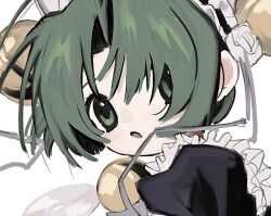 1girl :o apron bell blue_dress dejiko di_gi_charat dot_nose dress flower frilled_apron frills green_eyes green_hair hair_bell hair_flower hair_ornament jingle_bell maid_headdress neck_bell open_mouth parted_bangs pepeppepe101 portrait puffy_short_sleeves puffy_sleeves short_hair short_sleeves simple_background solo white_apron white_background
