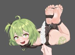absurdres barefoot bound bound_ankles feet green_hair highres hogtie jager nail_polish original pov pov_hands soles stirrup_legwear stomach tearing_up tickling toeless_legwear toenail_polish toenails toes