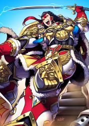 1girl armor black_hair braid cape chain fur_collar fur_trim gauntlets genderswap genderswap_(mtf) hair_tubes highres holding holding_sword holding_weapon hover_bike imperium_of_man jaghatai_khan md5_mismatch multicolored_hair open_mouth pauldrons ponytail power_armor red_hair ryuusei_(mark_ii) scar scar_on_face shoulder_armor signature solo sword tassel warhammer_40k weapon white_armor white_scars yellow_eyes