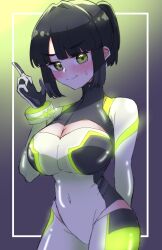 1girl backlighting black_background black_gloves black_hair blunt_bangs blunt_sidelocks blush bodysuit breasts cleavage cleavage_cutout clothing_cutout commentary_request cosplay covered_navel cowboy_shot design_speculation gloves gradient_background green_background grey_bodysuit hair_intakes highres index_finger_raised large_breasts link!_like!_love_live! love_live! momose_ginko neon_trim othiwo ponytail short_hair short_ponytail sidelocks simple_background solo two-sided_gloves virtual_youtuber white_gloves
