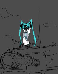 1girl absurdres aqua_hair gas_mask hatsune_miku highres mask military_vehicle motor_vehicle non-web_source tank vocaloid