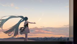 1girl aqua_hair bare_shoulders black_hairband blue_sky cityscape cloud commentary_request day elbow_gloves female_focus floating_hair from_behind gloves hairband hatsune_miku highres long_hair miku_symphony_(vocaloid) outdoors outstretched_arm panties sky solo standing thighhighs twintails underwear very_long_hair vocaloid white_gloves white_panties white_thighhighs wind yyb zettai_ryouiki