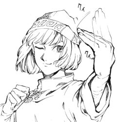 1girl arms_(game) beanie beckoning bob_cut chinese_clothes hat kakiyakee_(k_key_5) min_min_(arms) monochrome no_mask one_eye_closed ringed_eyes short_hair smile solo