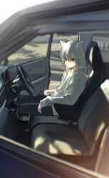 1girl animal_ears black_pants car car_door car_interior car_seat cat_ears expressionless from_outside hand_rest highres long_hair long_sleeves looking_at_viewer motor_vehicle original outdoors pants right-hand_drive shirt sitting solo steering_wheel sunlight white_hair white_shirt zumochi