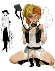 2girls @_@ bandana black_boots black_gloves blonde_hair blush boots breasts chinese_text cleavage cloak coat collar crying crying_with_eyes_open danitz_(lord_of_the_mysteries) dog_tail fang gehrman_sparrow genderswap genderswap_(mtf) glasses gloves highres holding holding_leash kikinotamai klein_moretti leash lord_of_the_mysteries medium_breasts multiple_girls paw_pose pet_play pussy pussy_juice pussy_juice_trail red_bandana shirt short_hair simple_background spread_legs squatting tail tearing_up tears trembling uncensored vest white_background white_shirt