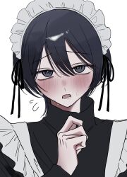 1boy absurdres apron arata20250328 black_eyes black_hair black_ribbon black_shirt blush collared_shirt commentary_request double-parted_bangs flying_sweatdrops hair_between_eyes hair_ribbon hand_up highres long_sleeves looking_at_viewer lower_teeth_only maid_headdress male_focus open_mouth original ribbon shirt short_hair simple_background solo sweat teeth upper_body white_apron white_background white_headdress